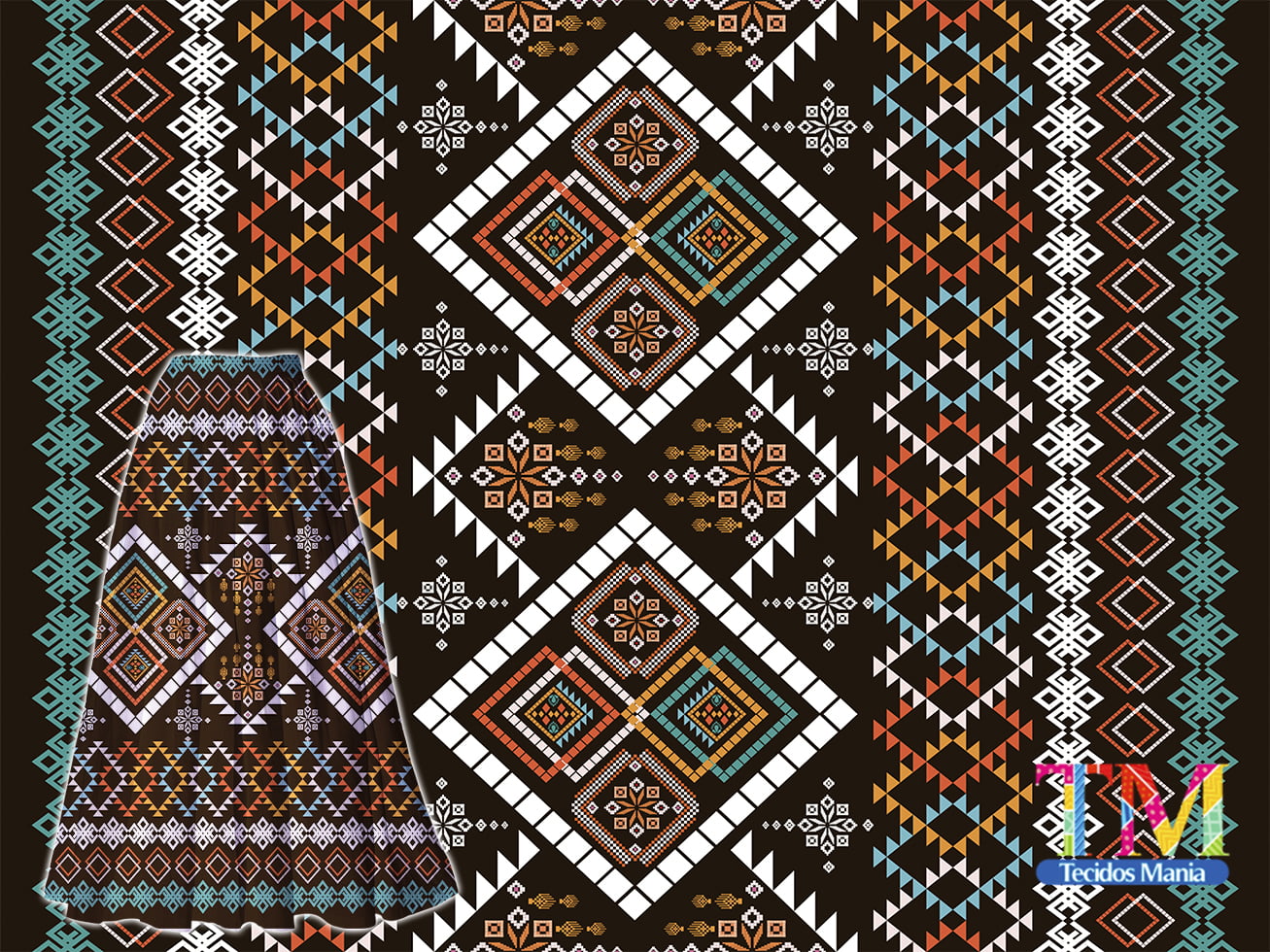 Tecido tricoline, microfibra ou gabardine estampado - Barrado - Étnico - Oriental - Flores verde