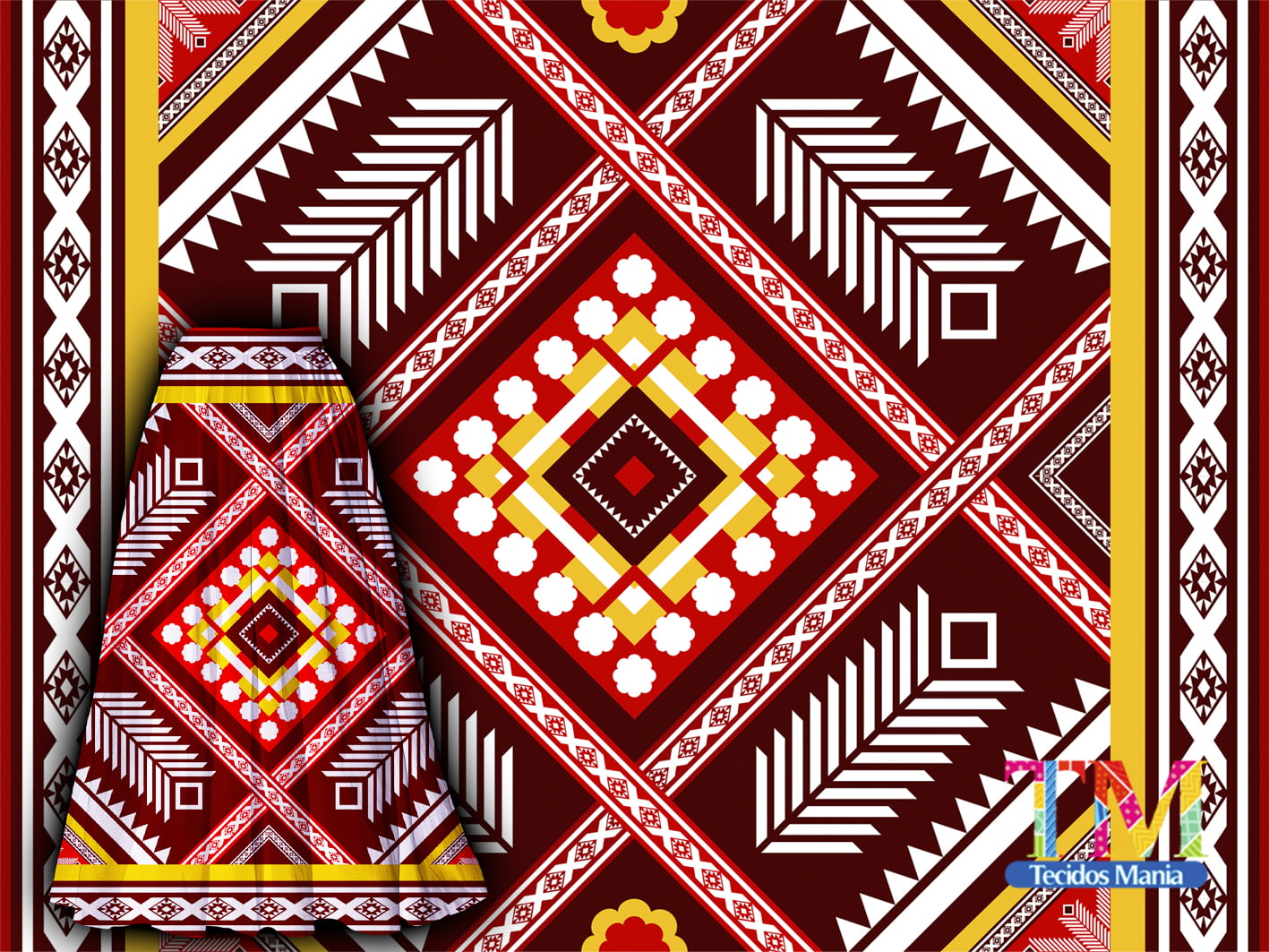 Tecido tricoline, microfibra ou gabardine estampado - Barrado - Étnico - oriental - vermelho e amarelo