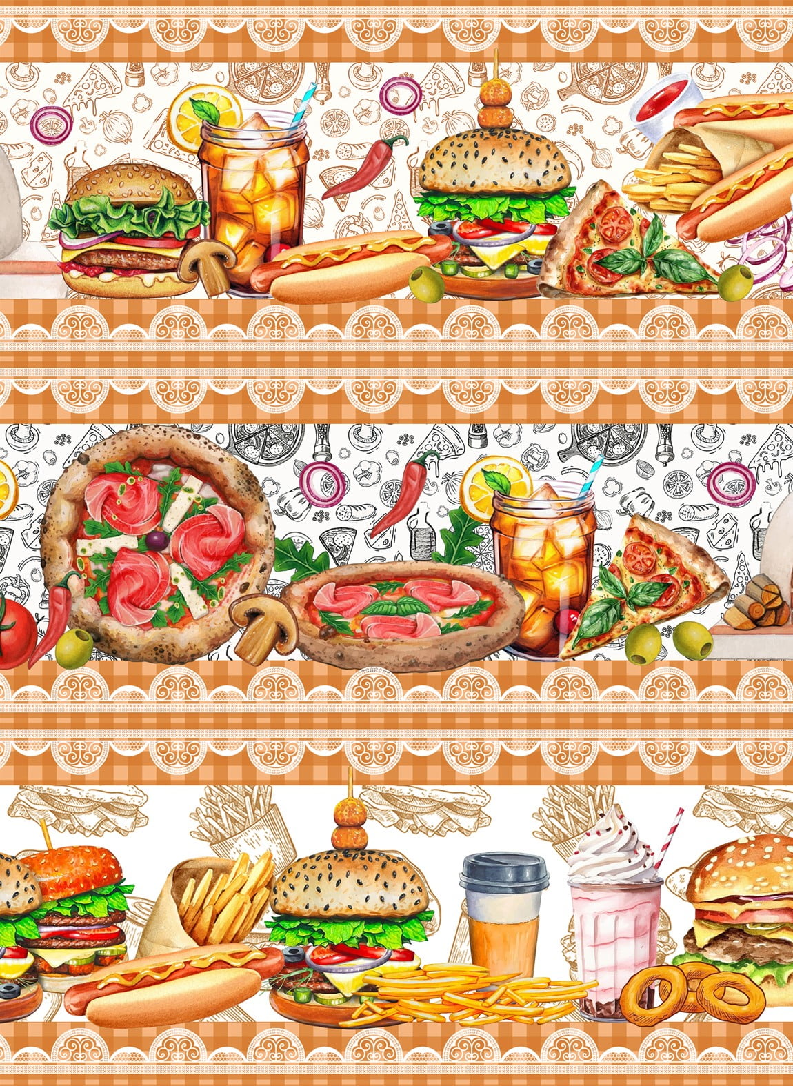 Tecido tricoline, microfibra ou gabardine estampado - Barrado - Fast Food - Lanche
