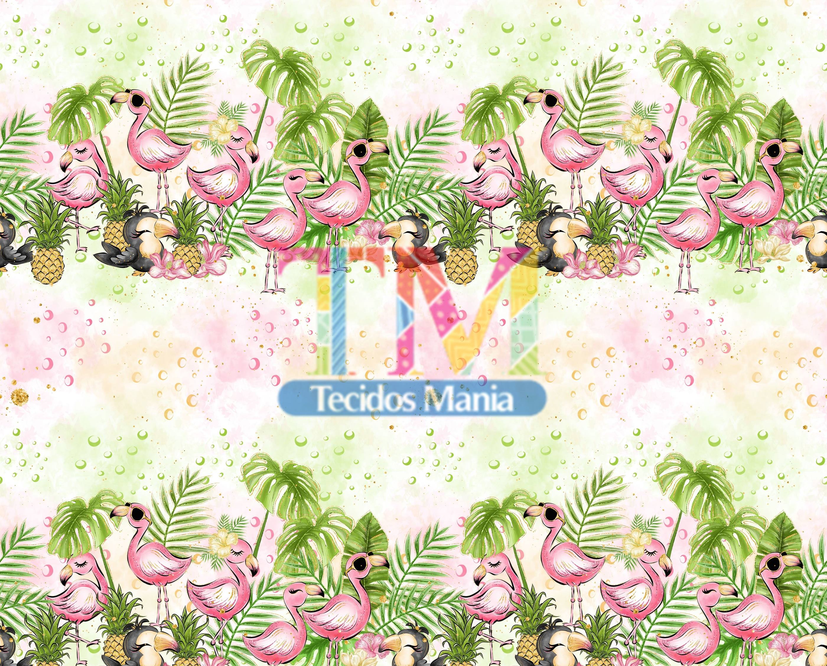 Tecido tricoline, microfibra ou gabardine estampado - Barrado - Flamingos e Tucano