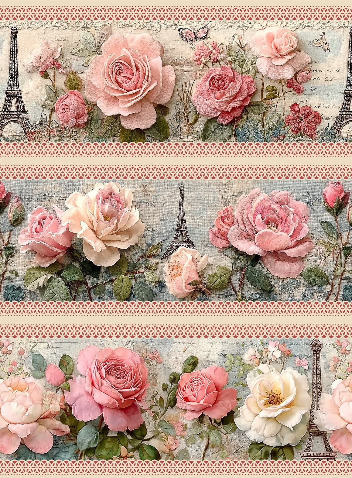 Tecido tricoline, microfibra ou gabardine estampado - Barrado - Floral Rosas - Torre Eiffel