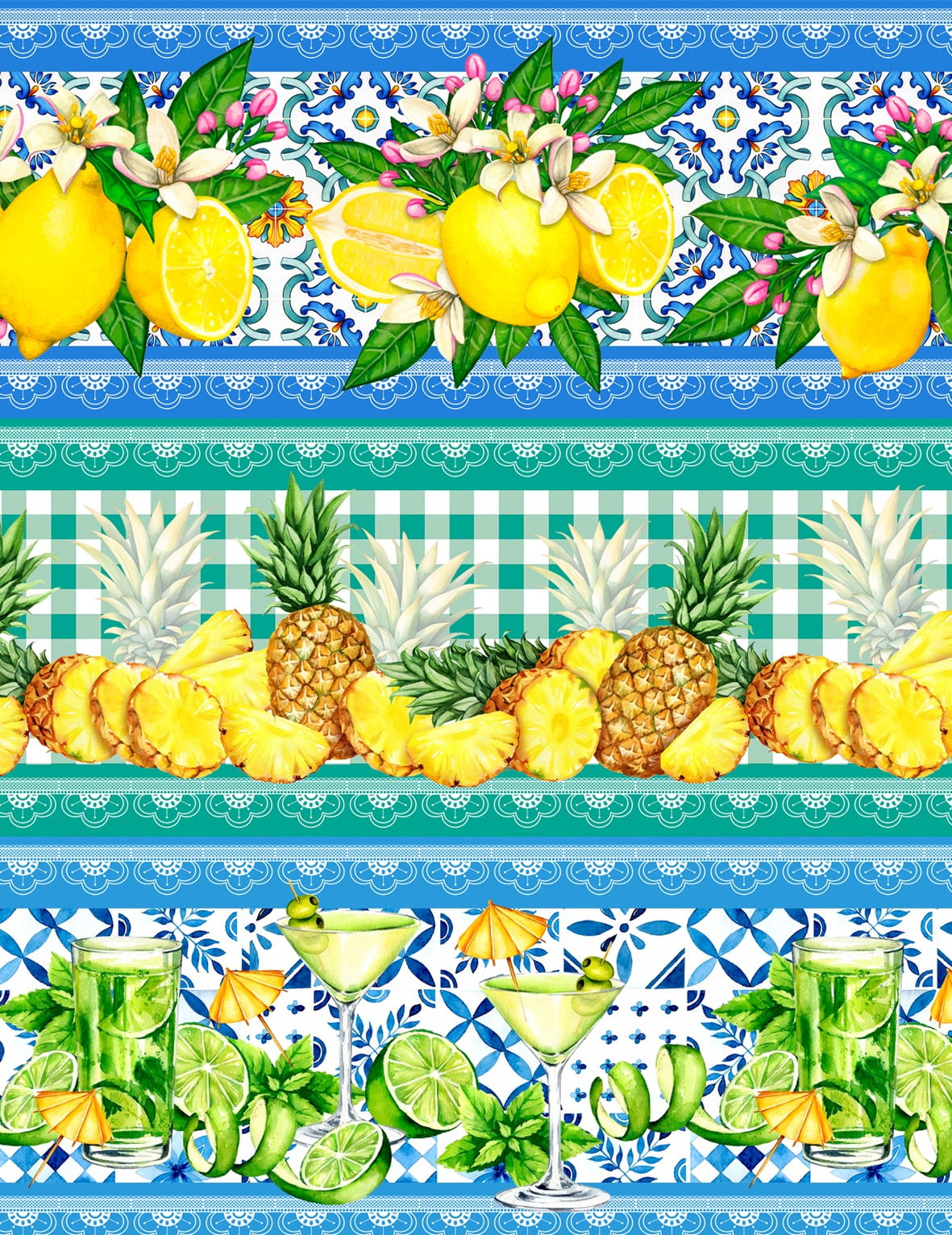 Tecido tricoline, microfibra ou gabardine estampado -  Barrado - frutas cítricas