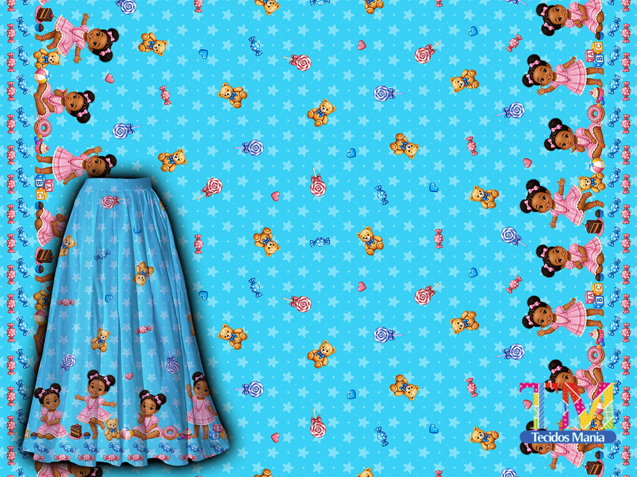 Tecido tricoline, microfibra ou gabardine estampado - Barrado Ibeji - Erê - Fundo Azul