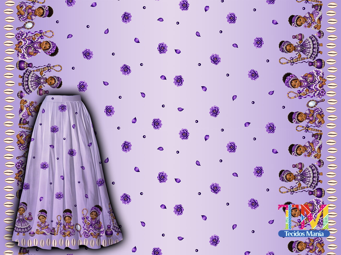 Tecido tricoline, microfibra ou gabardine estampado - Barrado Ibeji - Erê Nanã - Fundo Lilás