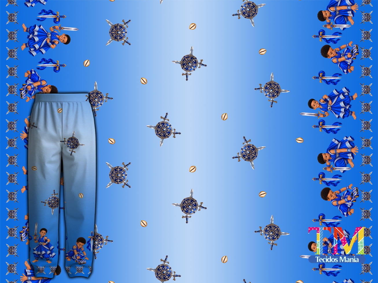 Tecido tricoline, microfibra ou gabardine estampado - Barrado Ibeji - Erê Ogum - Fundo Azul