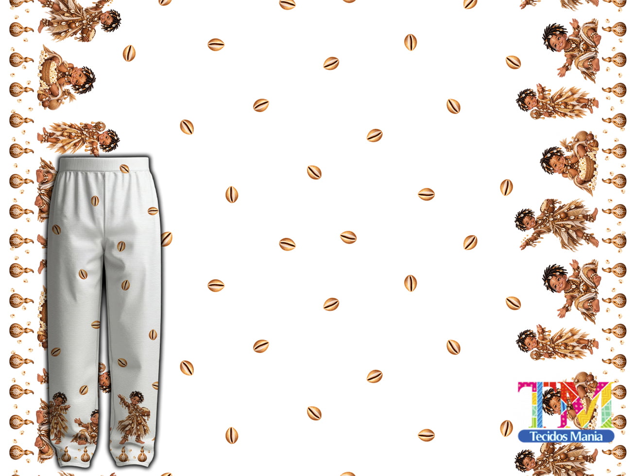 Tecido tricoline, microfibra ou gabardine estampado - Barrado Ibeji - Erê Omolú - Fundo Branco