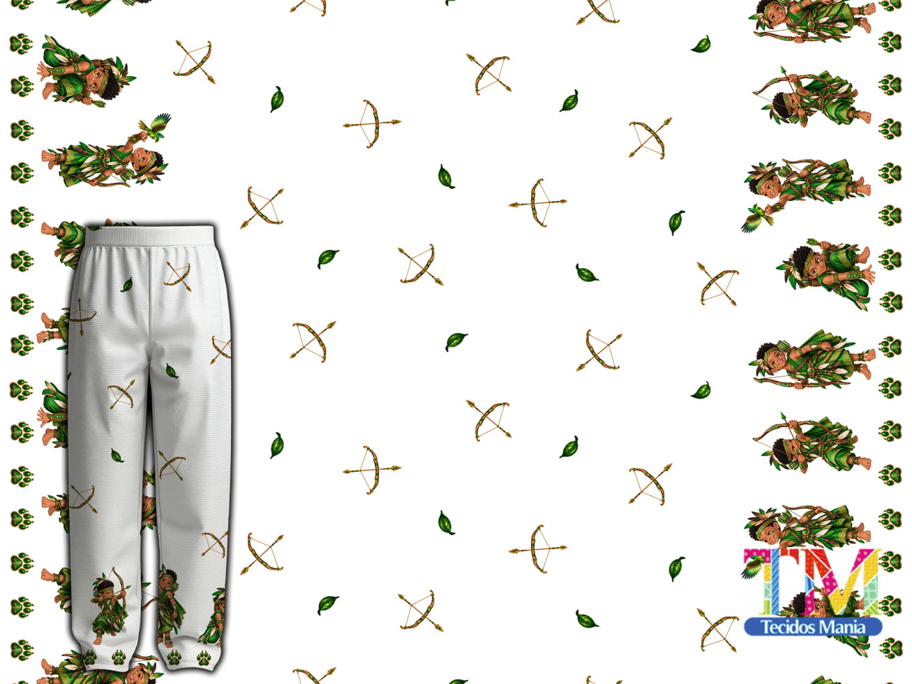 Tecido tricoline, microfibra ou gabardine estampado - Barrado Ibeji - Erê Oxóssi - Fundo Branco