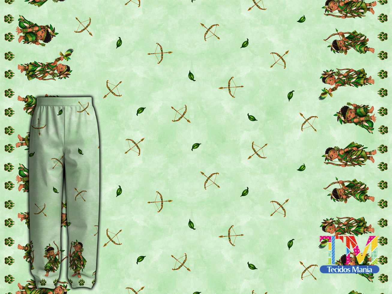 Tecido tricoline, microfibra ou gabardine estampado - Barrado Ibeji - Erê Oxóssi - Fundo Verde