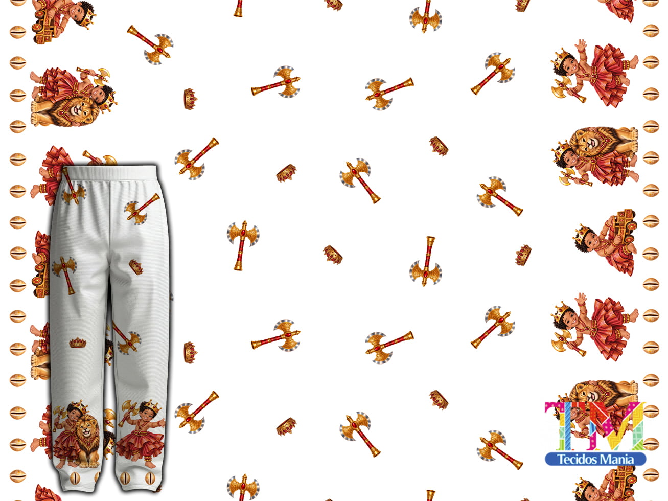 Tecido tricoline, microfibra ou gabardine estampado - Barrado Ibeji - Erê Xangô - Fundo Branco