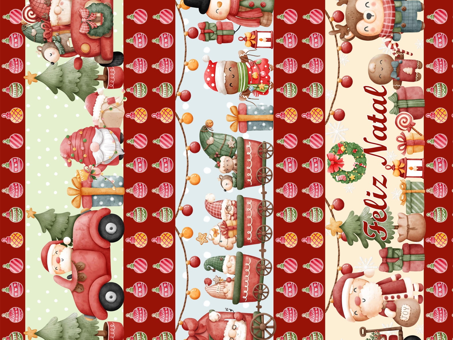 Tecido tricoline, microfibra ou gabardine estampado - Barrado - Natal Carrinho - Bordo