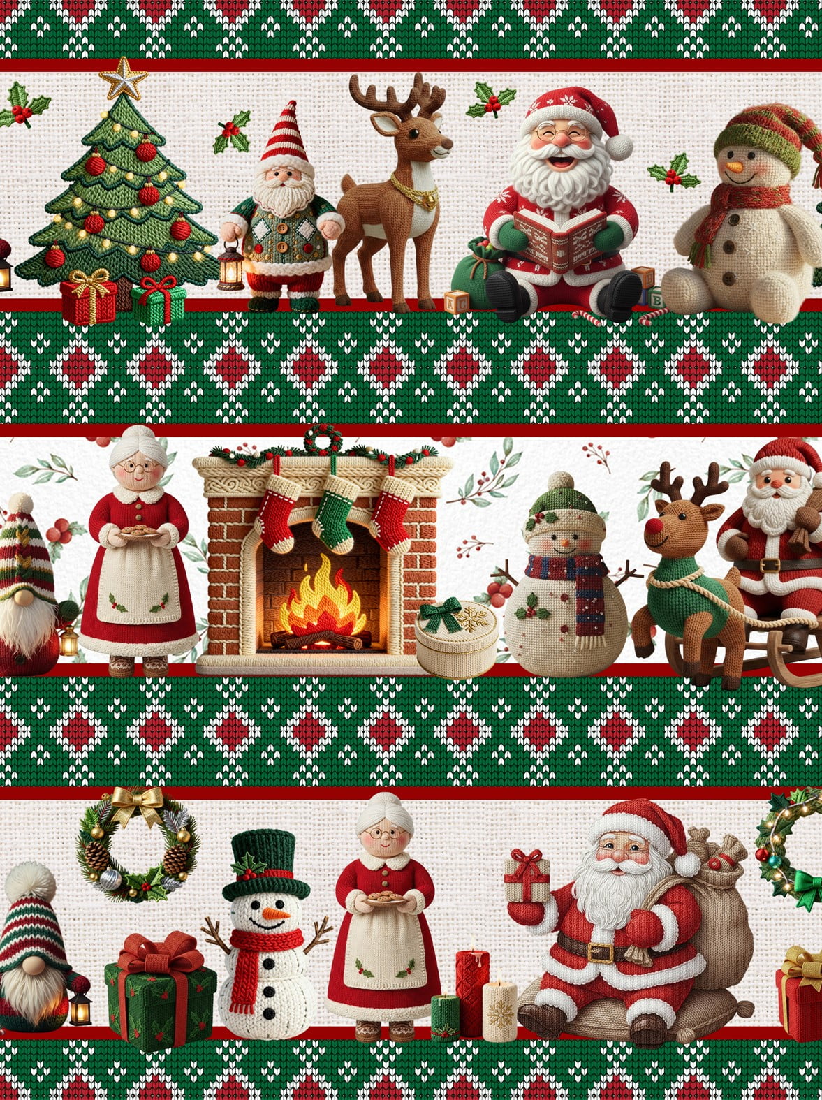 Tecido tricoline, microfibra ou gabardine estampado - Barrado - Natal Noel - Lareira