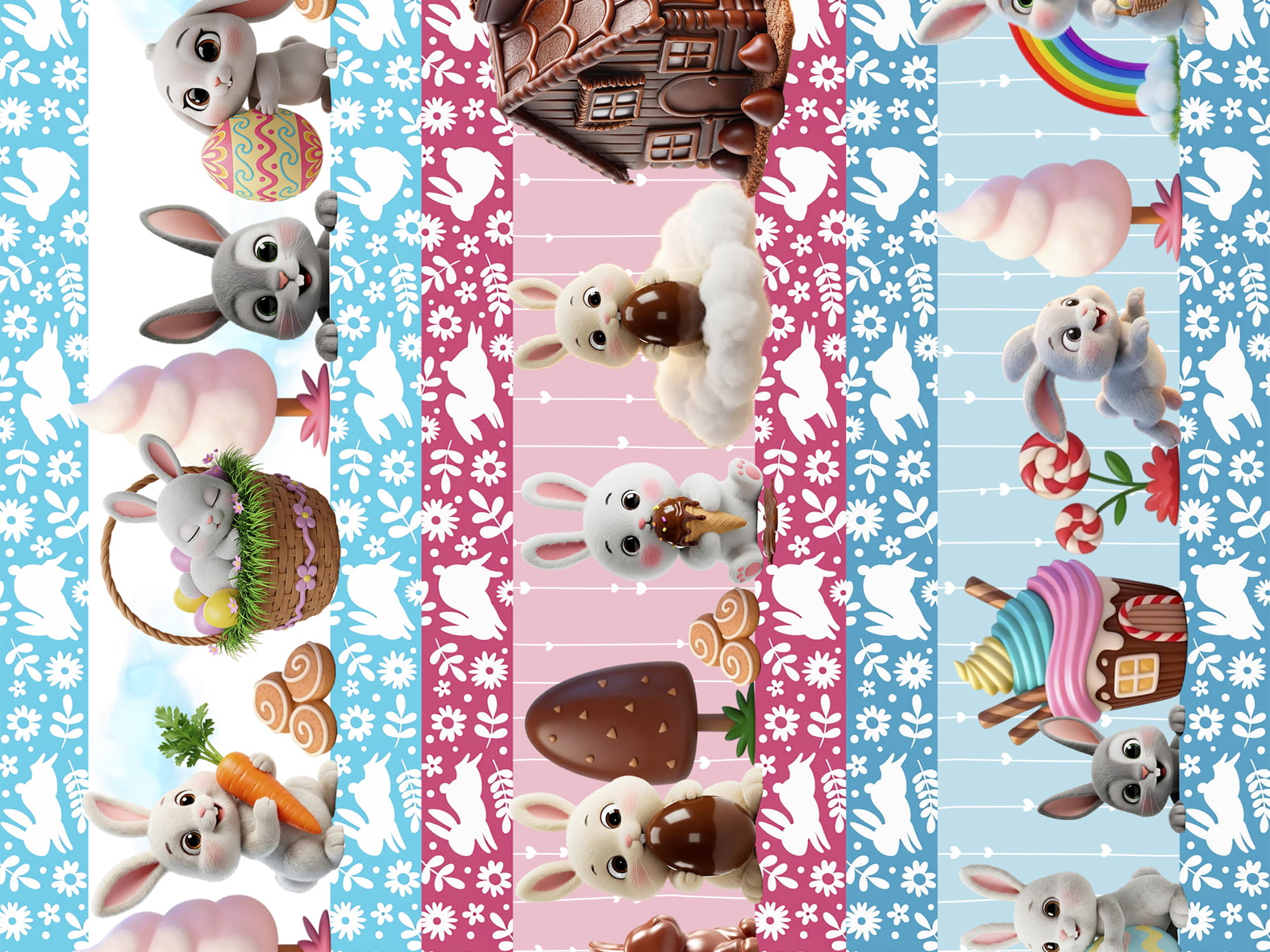 Tecido tricoline, microfibra ou gabardine estampado - Barrado - Páscoa - Coelho baby