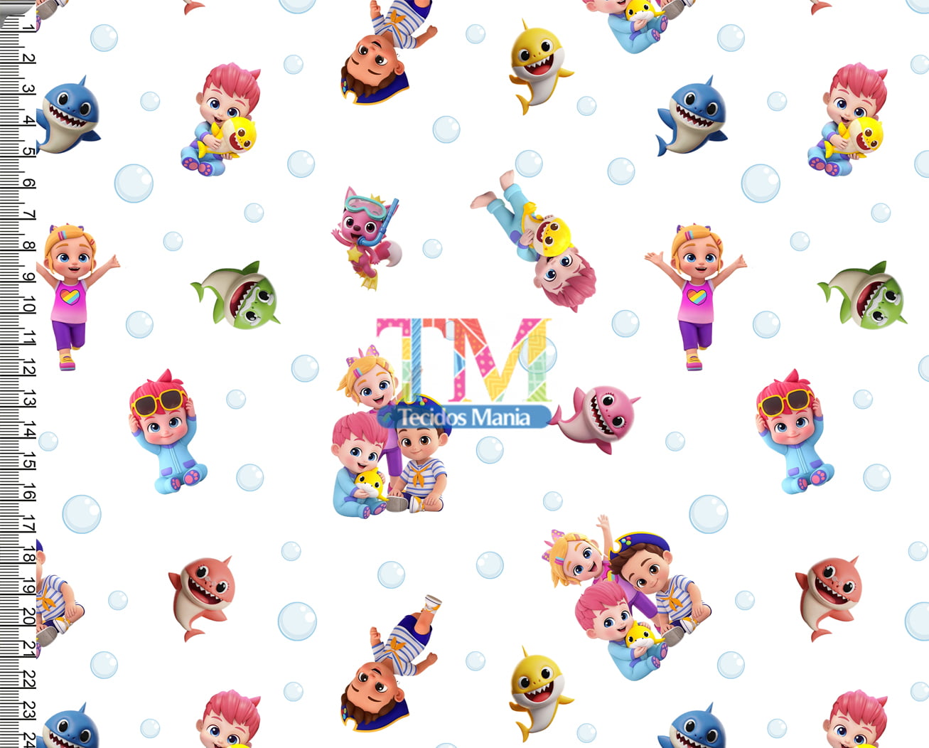 Tecido tricoline, microfibra ou gabardine estampado - Bebefinn - bolhas - Fundo Branco