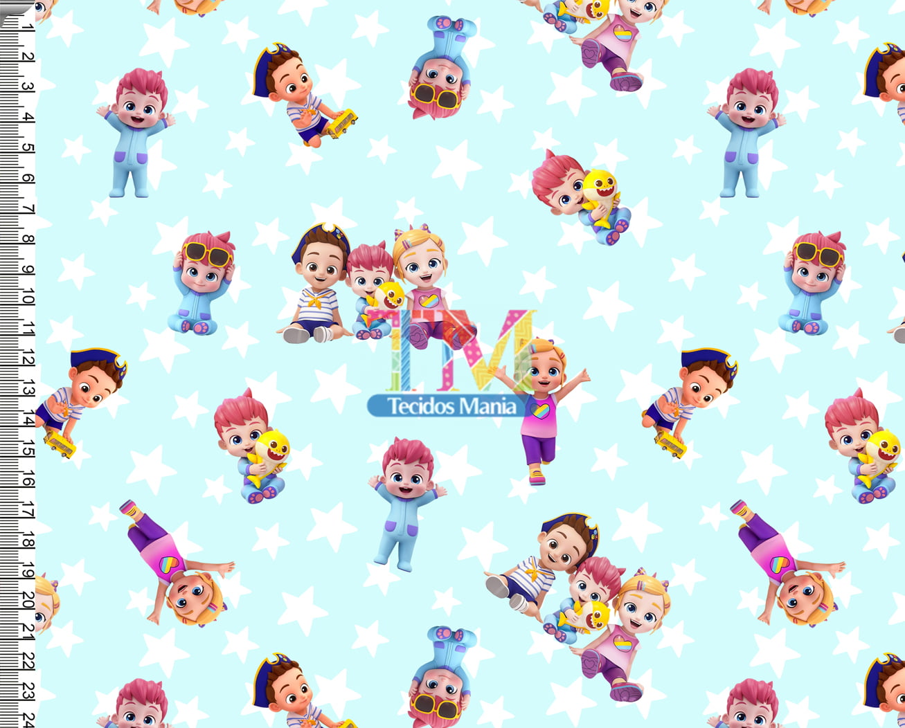 Tecido tricoline, microfibra ou gabardine estampado - Bebefinn - fundo estrelas azul Bebe