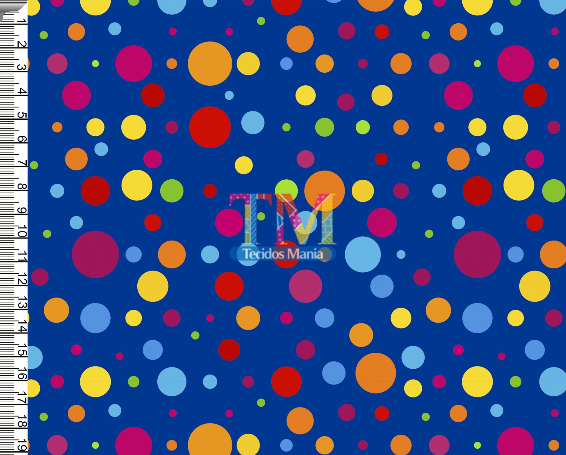 Tecido tricoline, microfibra ou gabardine estampado - Bolas coloridas - fundo azul