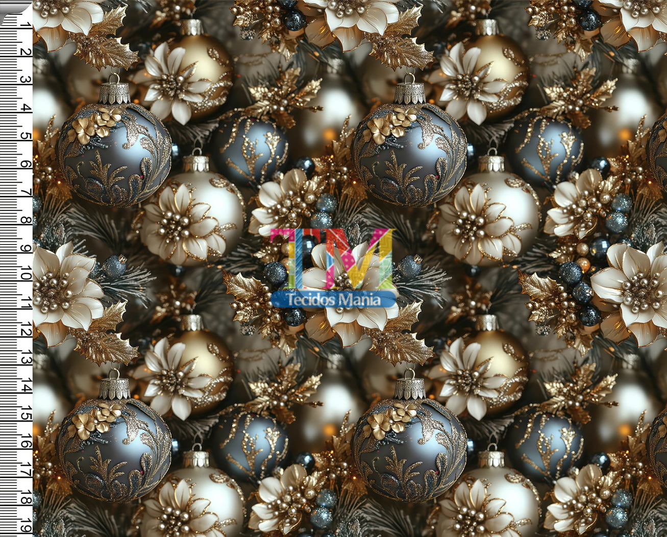 Tecido tricoline, microfibra ou gabardine estampado - Bolas de Natal - Azul e Dourado - 3D