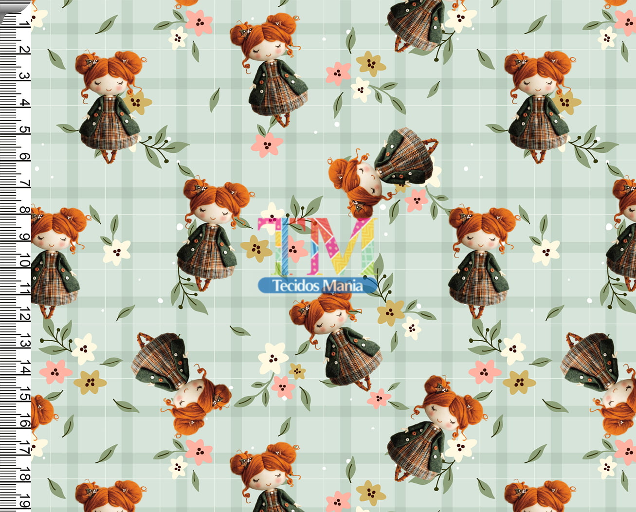 Tecido tricoline, microfibra ou gabardine estampado - Boneca Merida - Fundo Xadrez verde - 3D