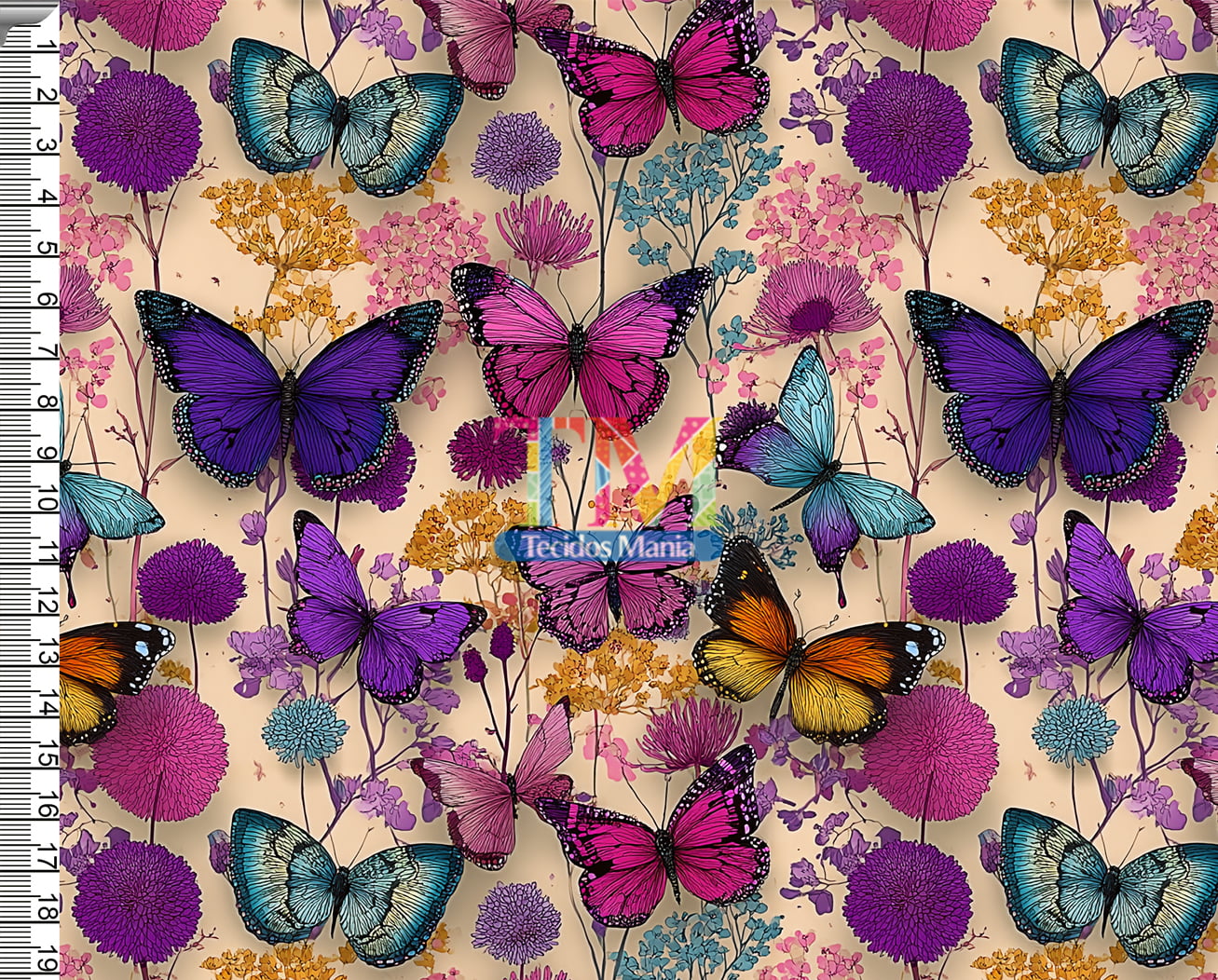 Tecido tricoline, microfibra ou gabardine estampado - Borboletas 3D - Color