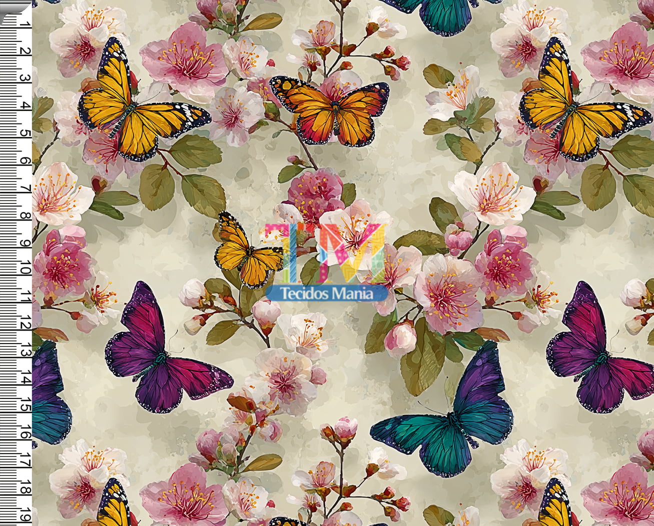 Tecido tricoline, microfibra ou gabardine estampado - Borboletas Aquarela - Flores