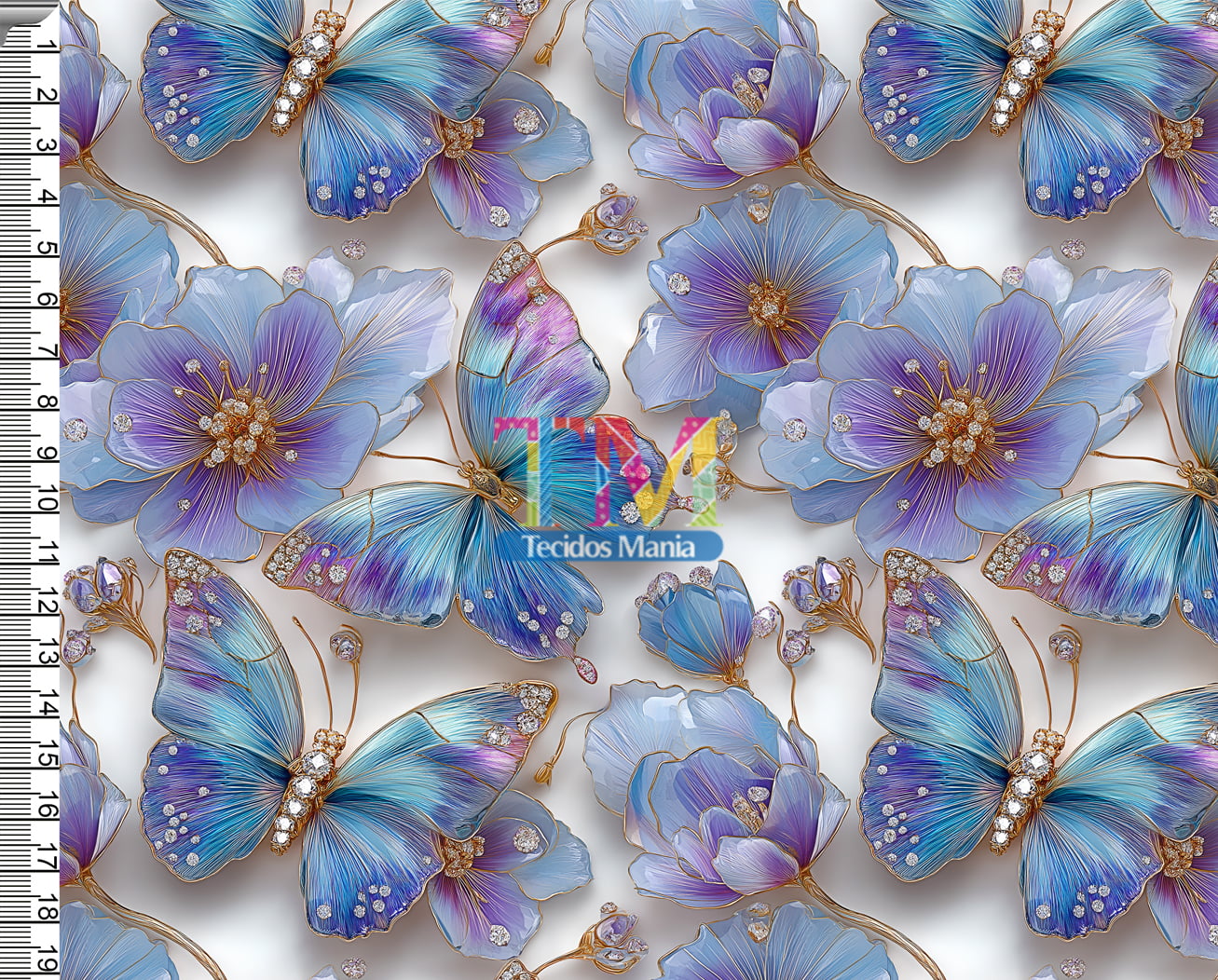 Tecido tricoline, microfibra ou gabardine estampado - Borboletas Azul 3D - Cristal