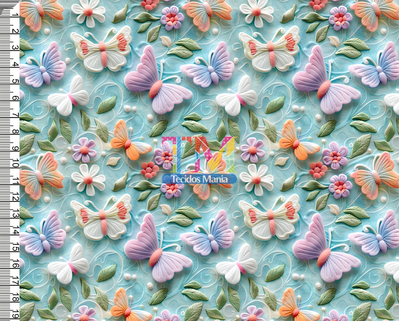 Tecido tricoline, microfibra ou gabardine estampado - Borboletas lilás - fundo verde - 3D