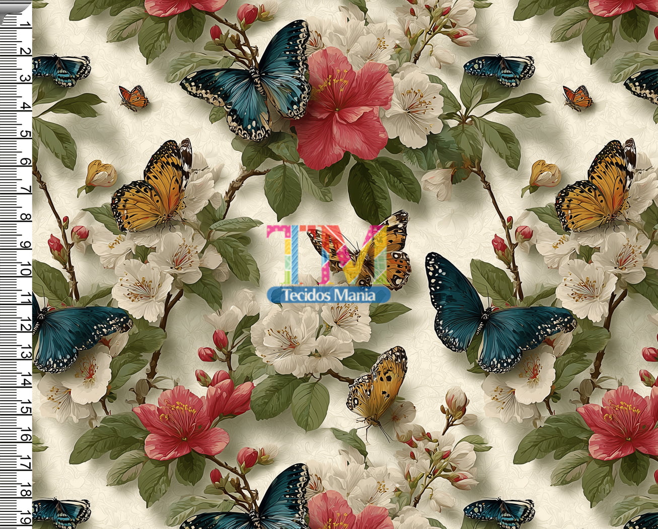 Tecido tricoline, microfibra ou gabardine estampado - Borboletas - Primavera - Amarela e Azul