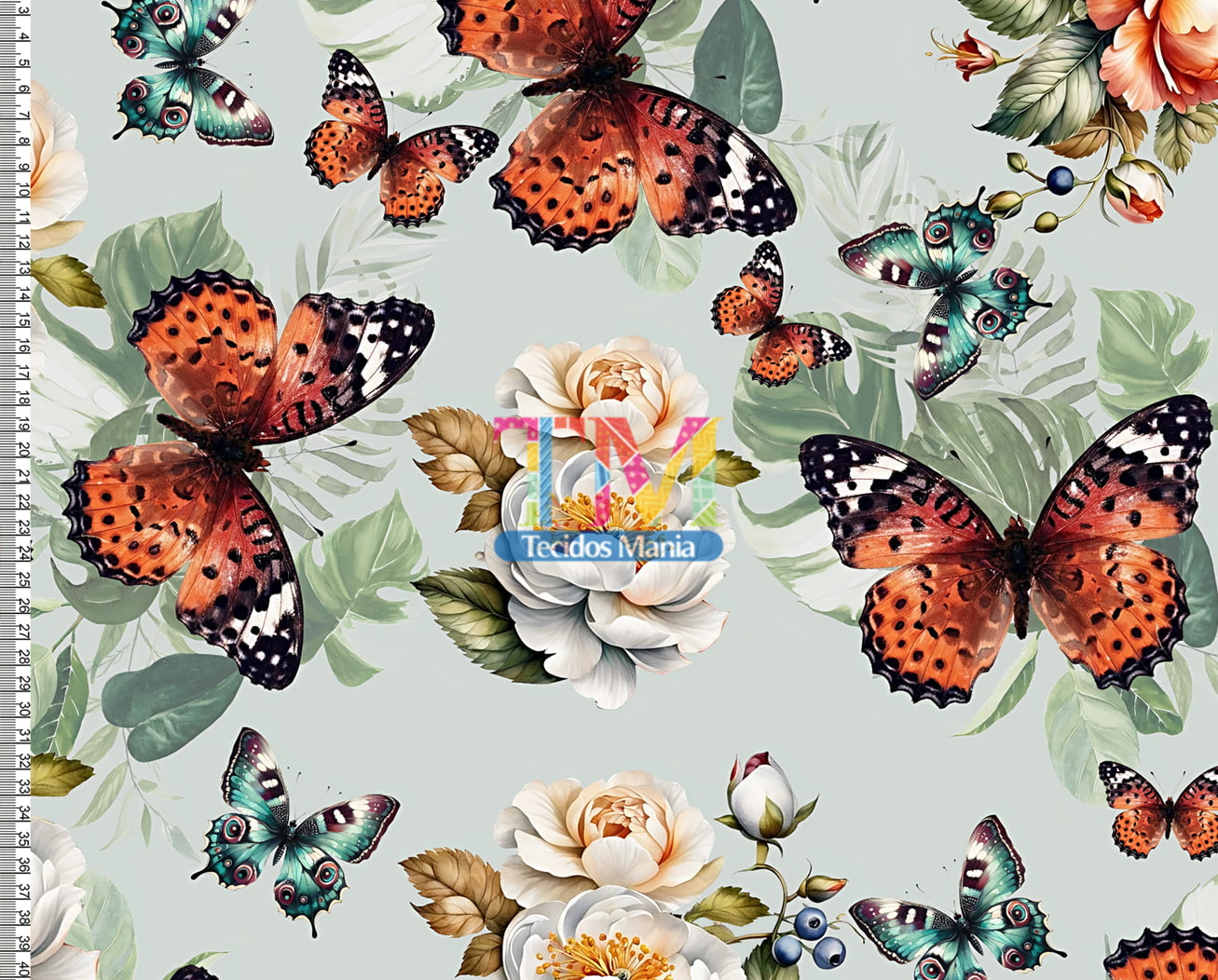 Tecido tricoline, microfibra ou gabardine estampado - Borboletas Vermelhas e Flores - Fundo Verde - 3D