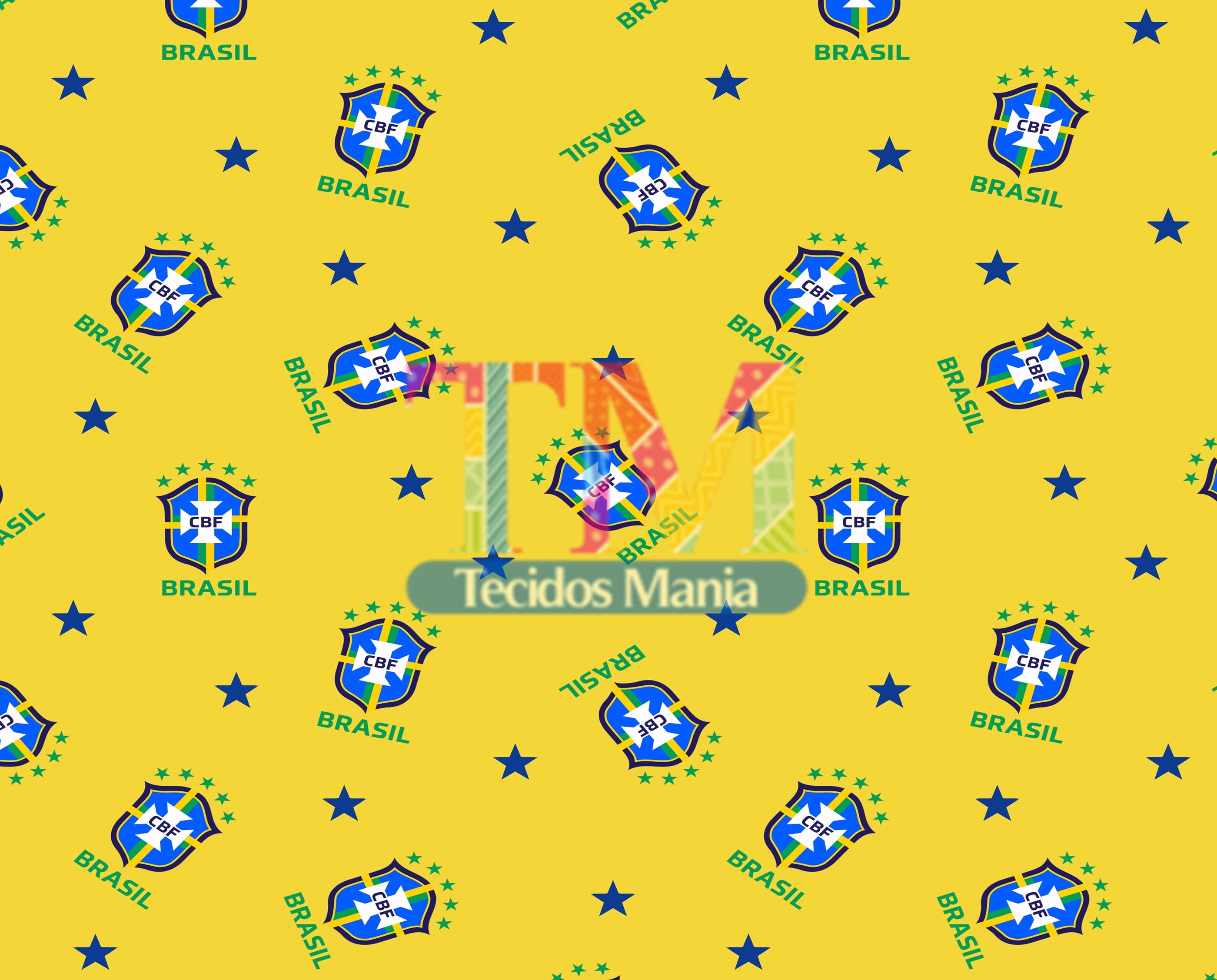 Tecido tricoline, microfibra ou gabardine estampado - Brasil - Escudo - Fundo amarelo