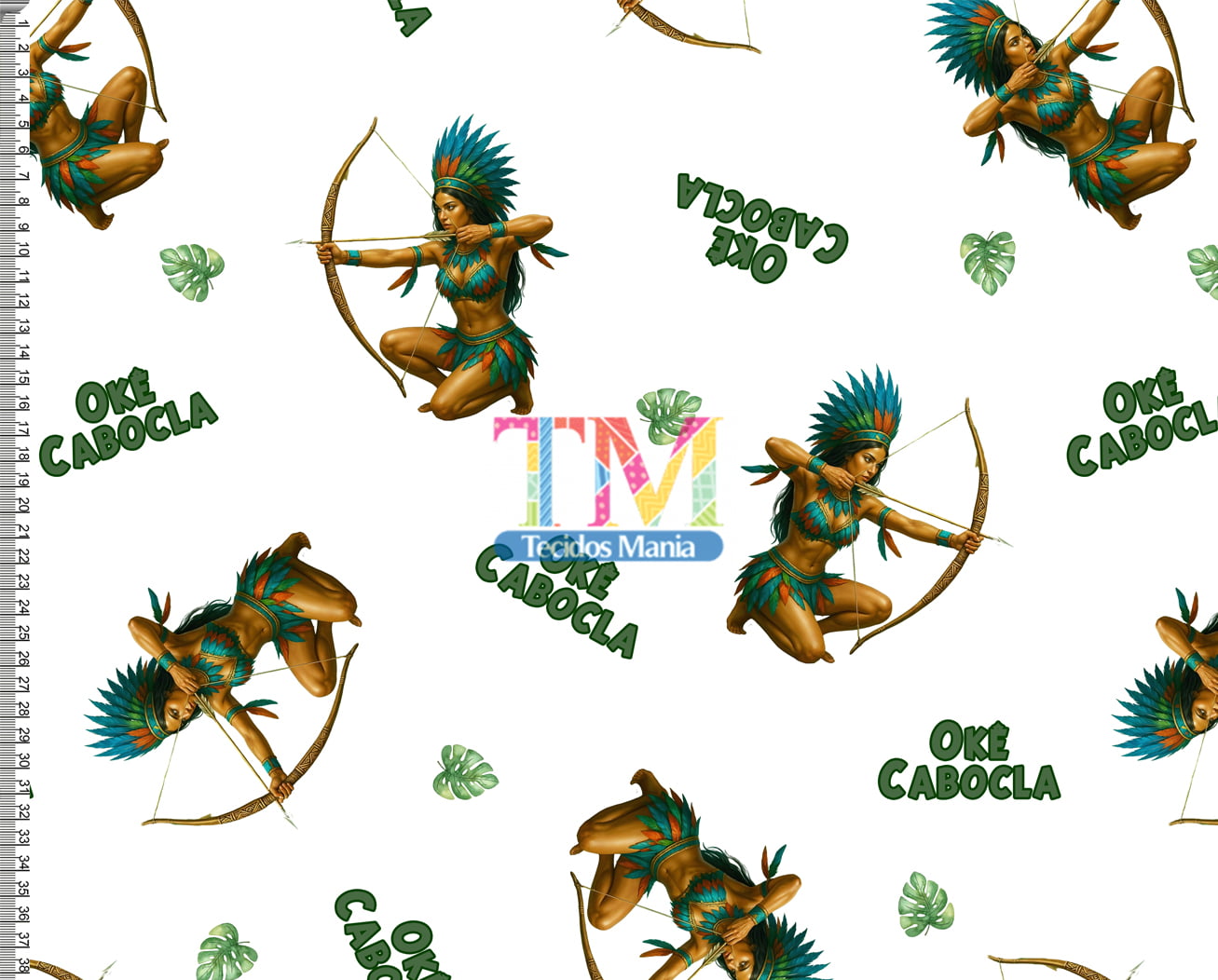 Tecido tricoline, microfibra ou gabardine estampado - Cabocla Jurema - Fundo Branco