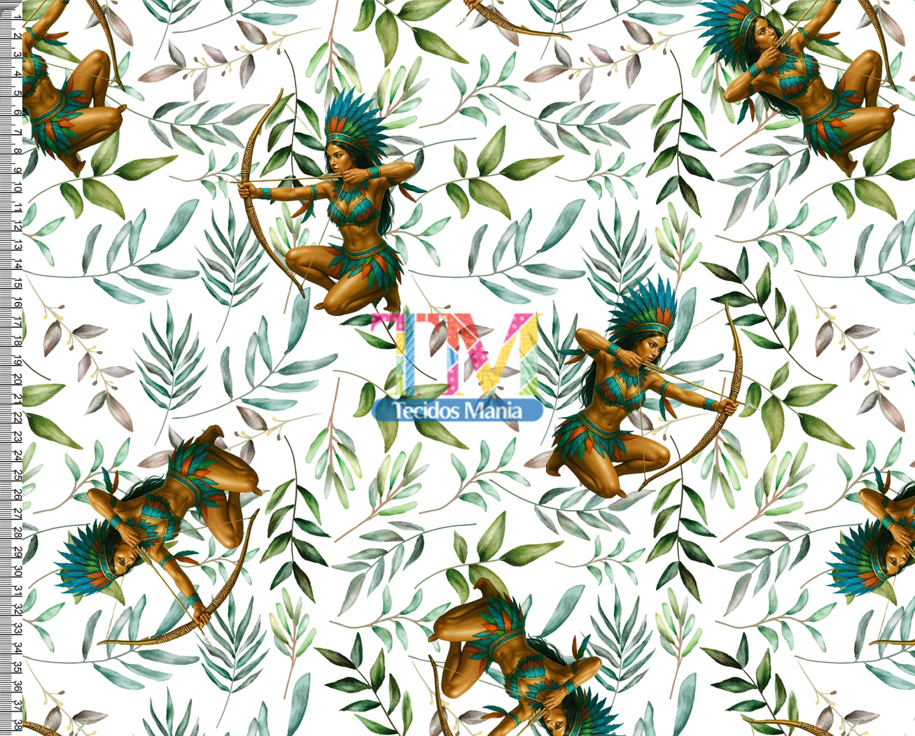 Tecido tricoline, microfibra ou gabardine estampado - Cabocla Jurema - Fundo Folhas