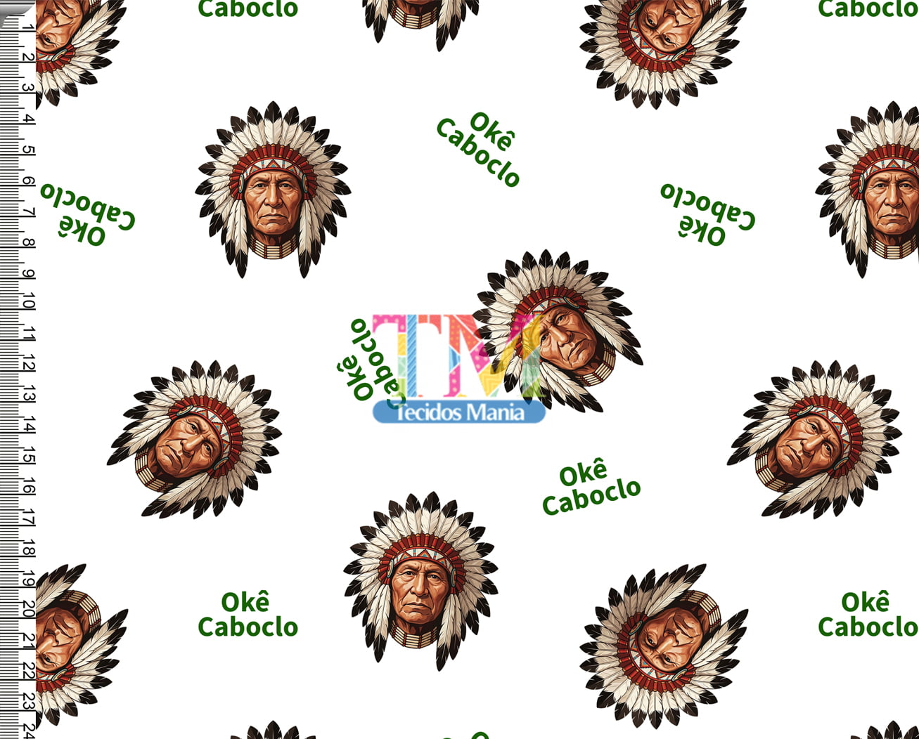 Tecido tricoline, microfibra ou gabardine estampado - Caboclo - Okê caboclo - fundo branco