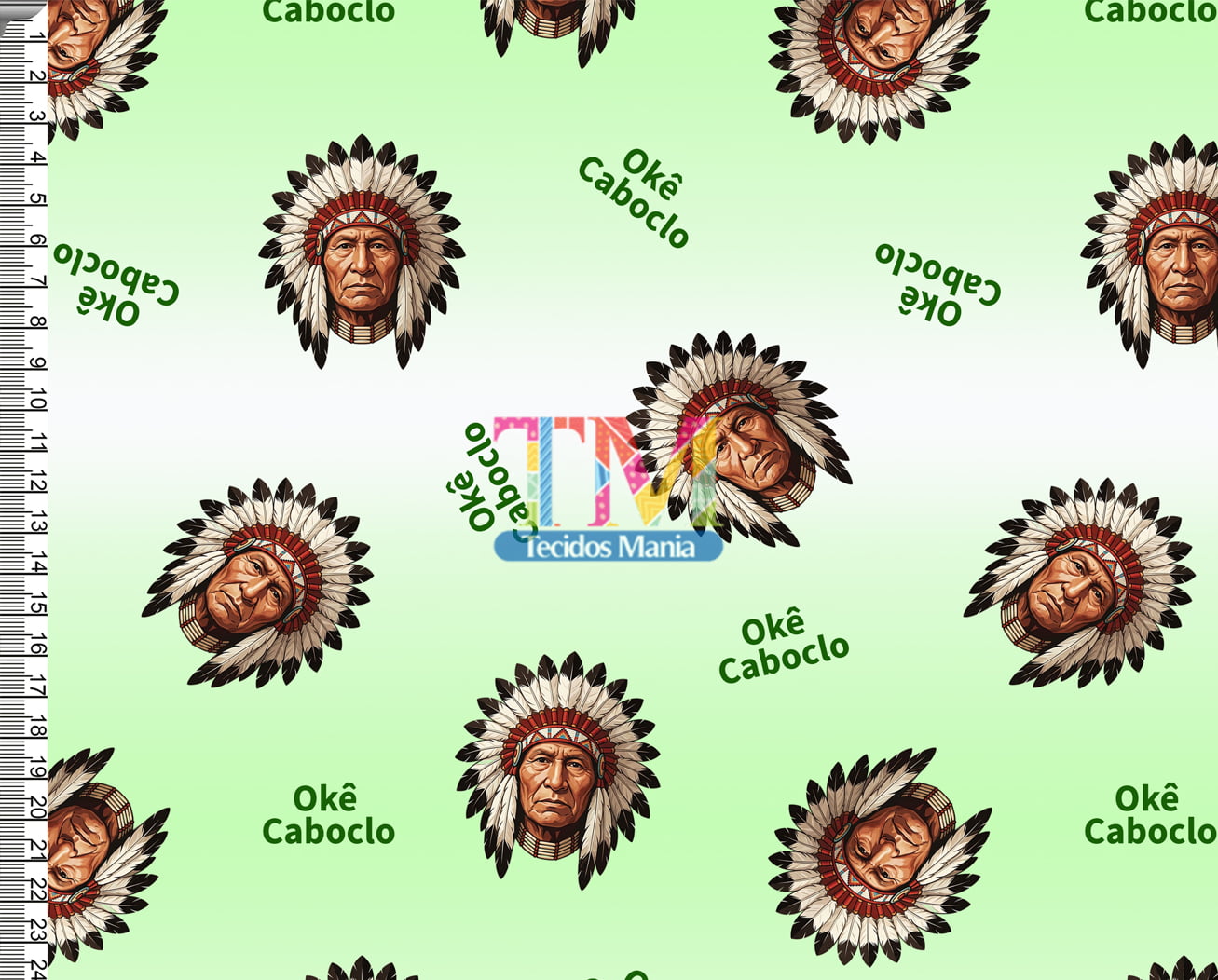 Tecido tricoline, microfibra ou gabardine estampado - Caboclo - Okê caboclo - fundo verde