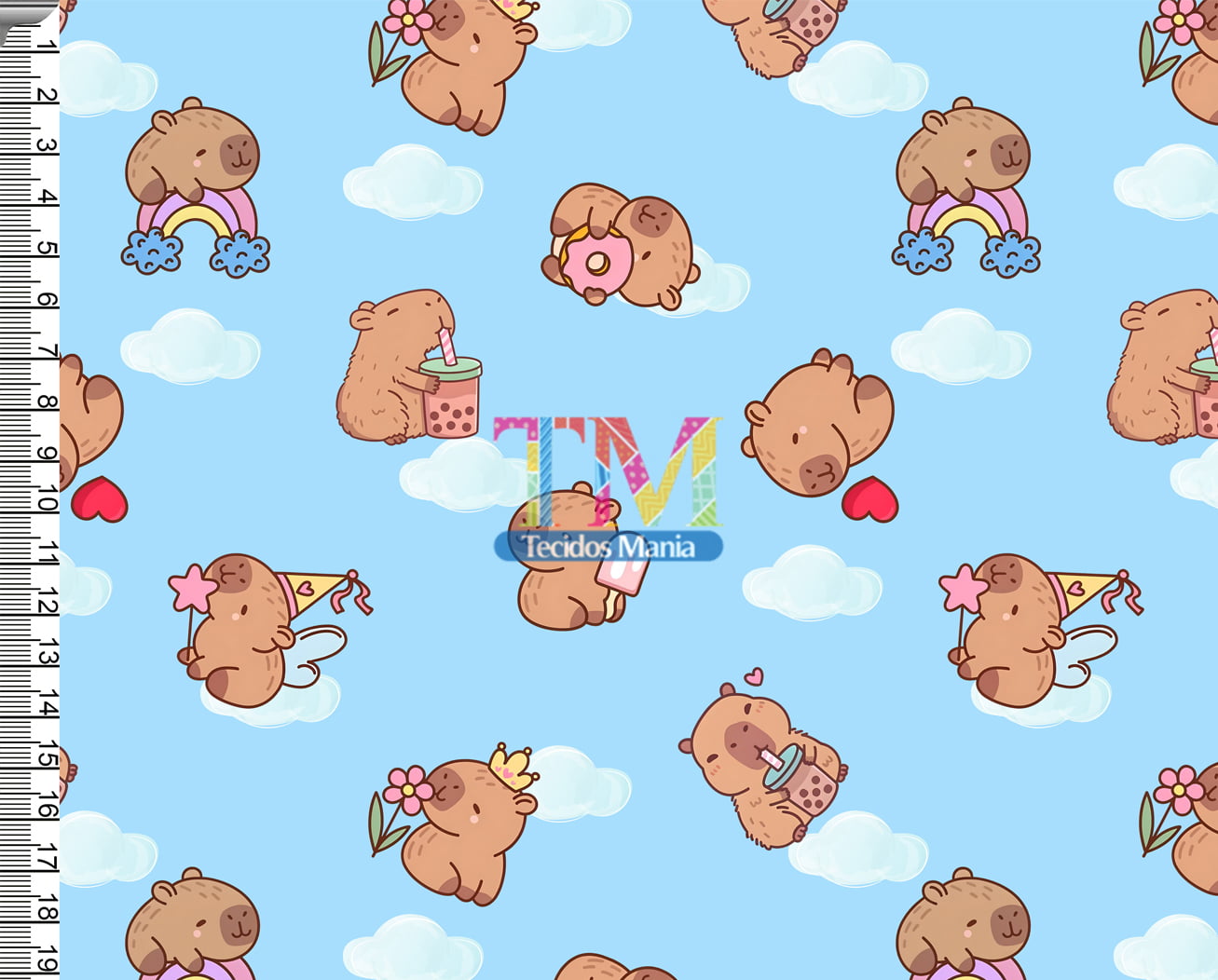 Tecido tricoline, microfibra ou gabardine estampado - Capivara Baby - Nuvens - azul
