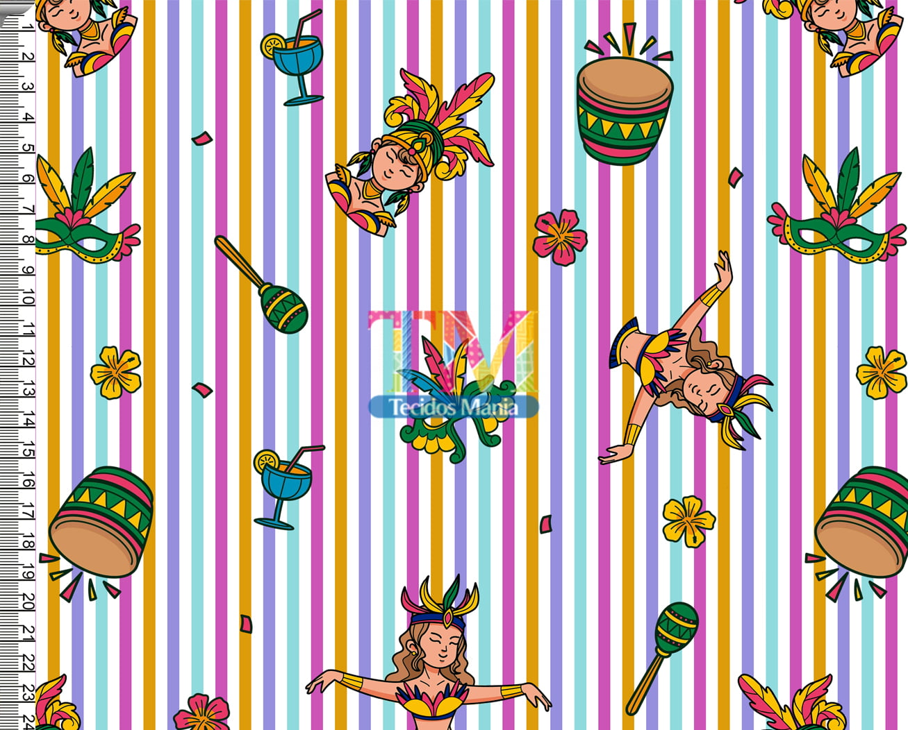 Tecido tricoline, microfibra ou gabardine estampado - Carnaval - Desfile - Fundo listrado