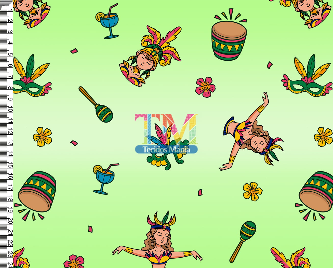 Tecido tricoline, microfibra ou gabardine estampado - Carnaval - Desfile - Fundo verde
