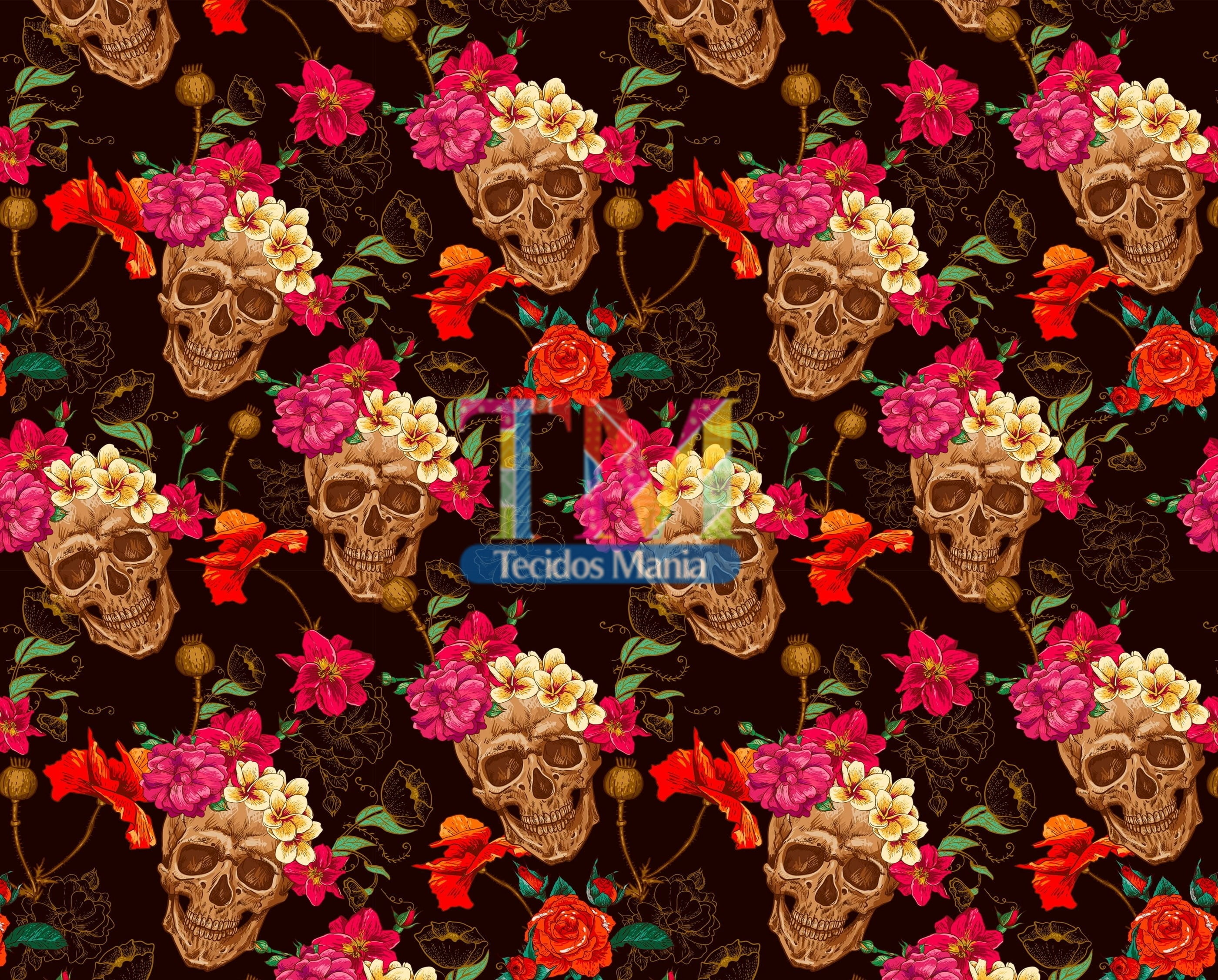 Tecido tricoline, microfibra ou gabardine estampado - Caveira Floral - Fundo Preto