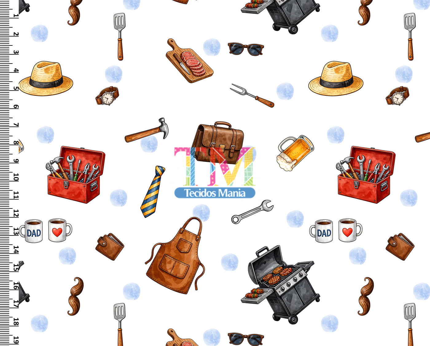 Tecido tricoline, microfibra ou gabardine estampado - Dia dos Pais - Churrasco e Ferramentas - Fundo branco