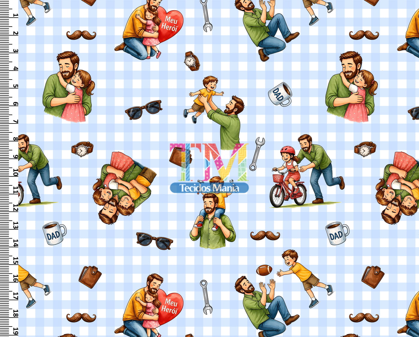 Tecido tricoline, microfibra ou gabardine estampado - Dias dos Pais - Churrasco em família - Fundo xadrez azul