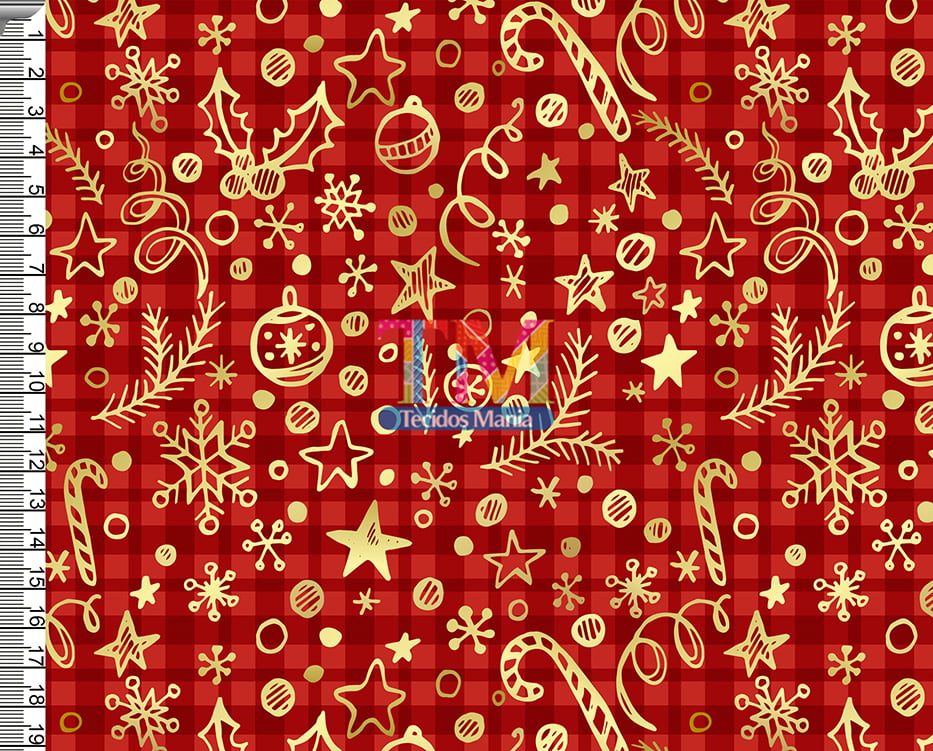 Tecido Tricoline Natal Floral Fundo Xadrez Vermelho 50 cmX1,50mt
