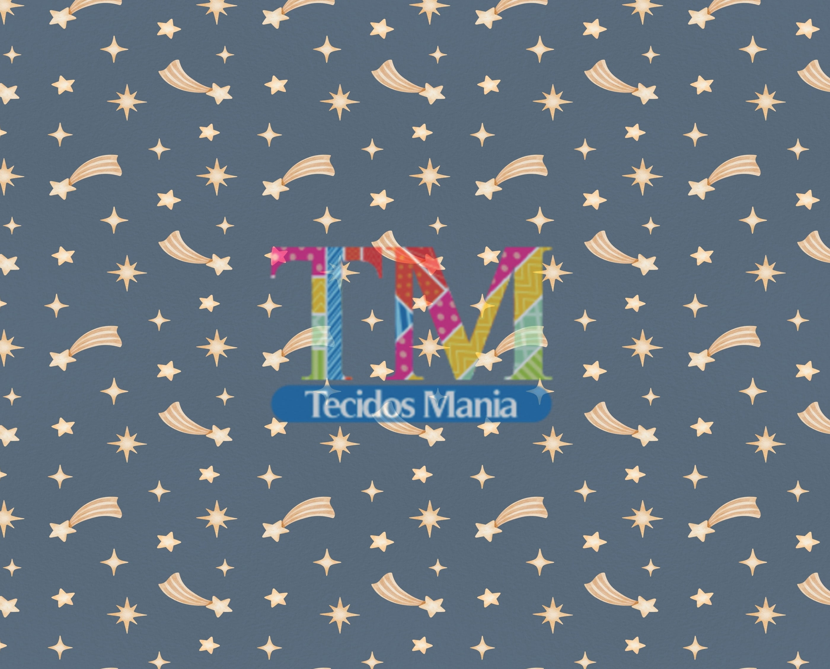 Tecido tricoline, microfibra ou gabardine estampado - Estrela Cadente  -  Fundo azul jeans