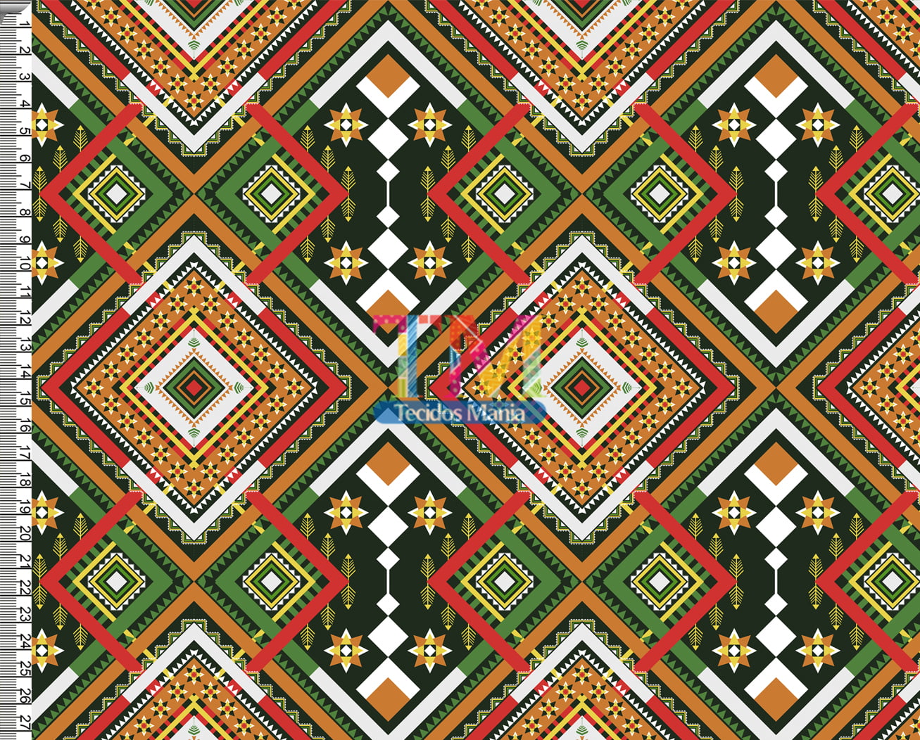 Tecido tricoline, microfibra ou gabardine estampado - Étnico - Flechas - verde e laranja