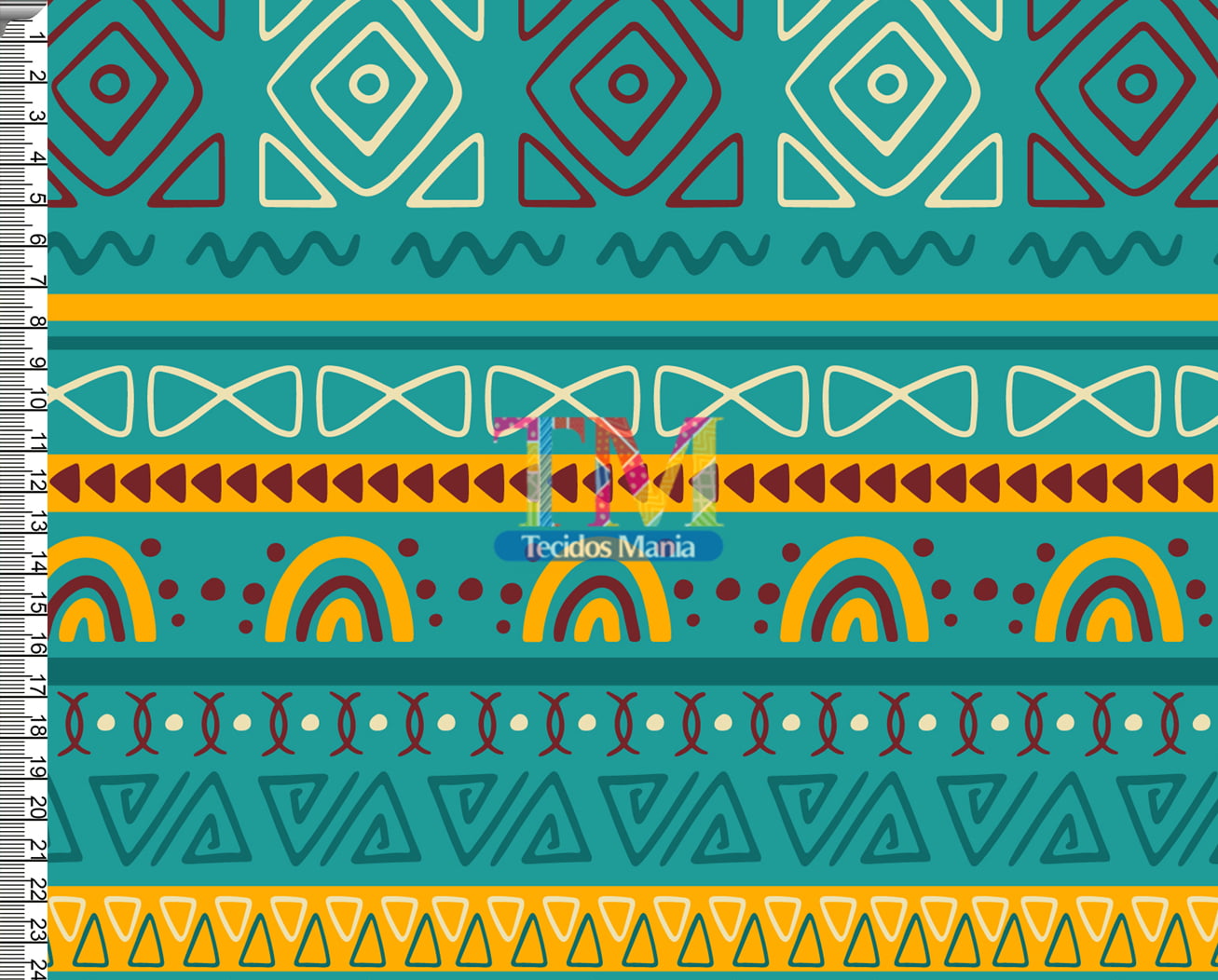 Tecido tricoline, microfibra ou gabardine estampado - Étnico - Nativo - Azul turquesa