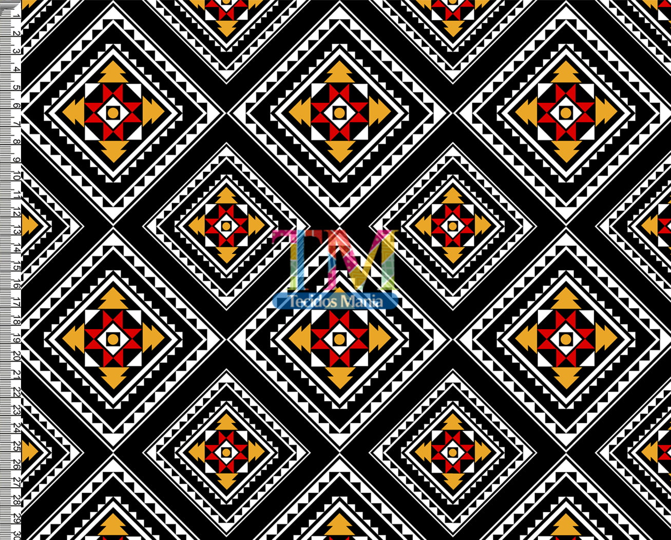 Tecido tricoline, microfibra ou gabardine estampado - Étnico - Oriental - Preto com laranja