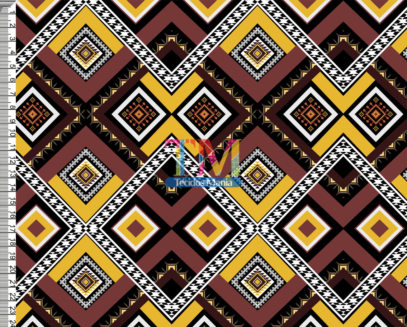 Tecido tricoline, microfibra ou gabardine estampado - Étnico - Triângulos - bordo e amarelo