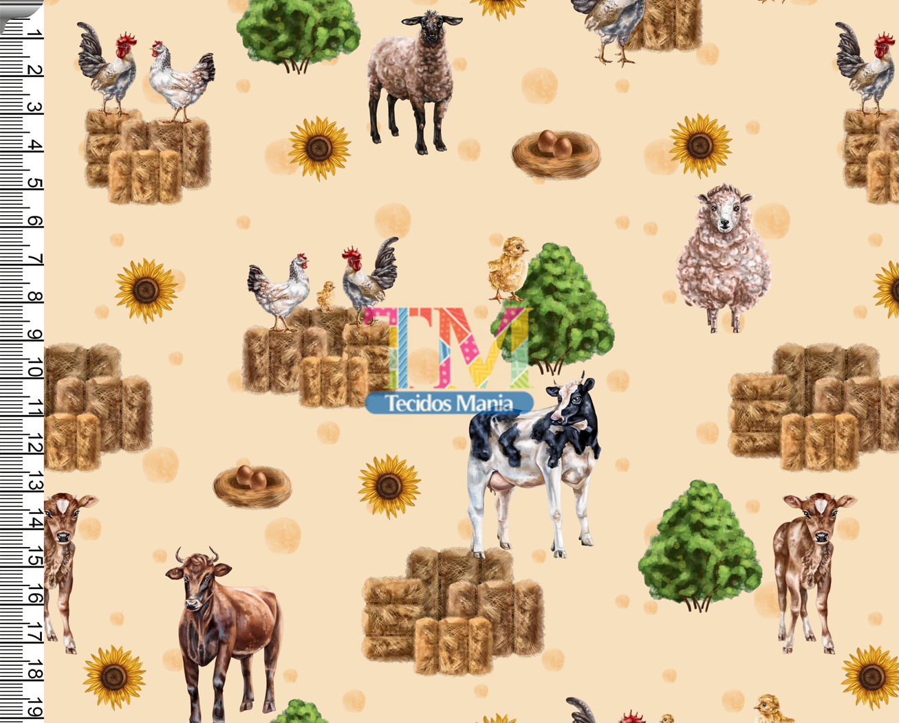 Tecido tricoline, microfibra ou gabardine estampado - Fazenda - Girassol - Fundo Bege