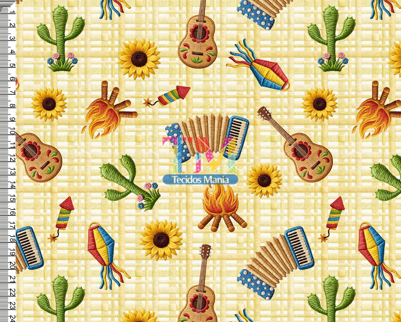 Tecido tricoline, microfibra ou gabardine estampado - Festa Junina 3D - Sanfona e Violão - Fundo Amarelo
