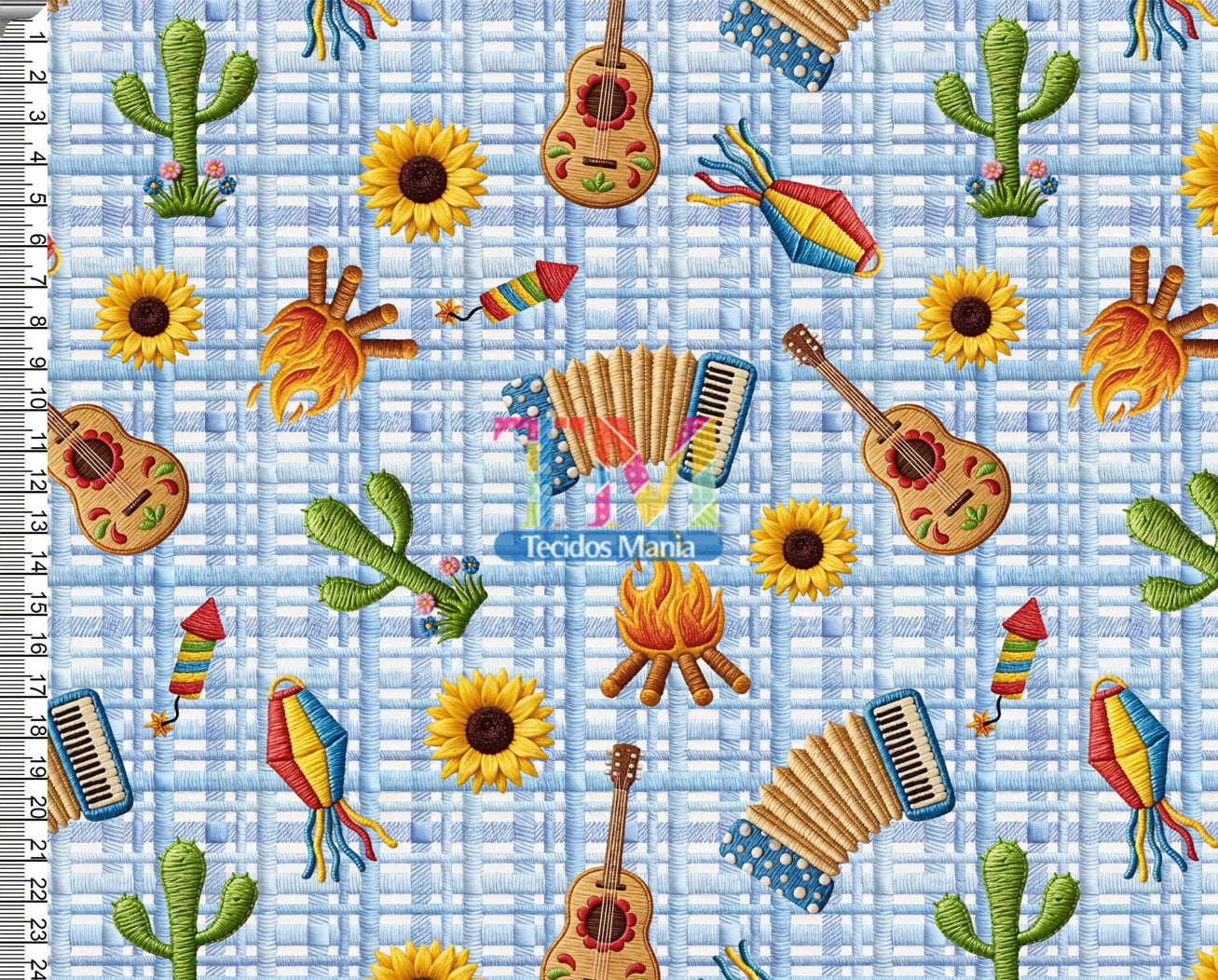 Tecido tricoline, microfibra ou gabardine estampado - Festa Junina 3D - Sanfona e Violão - Fundo Azul