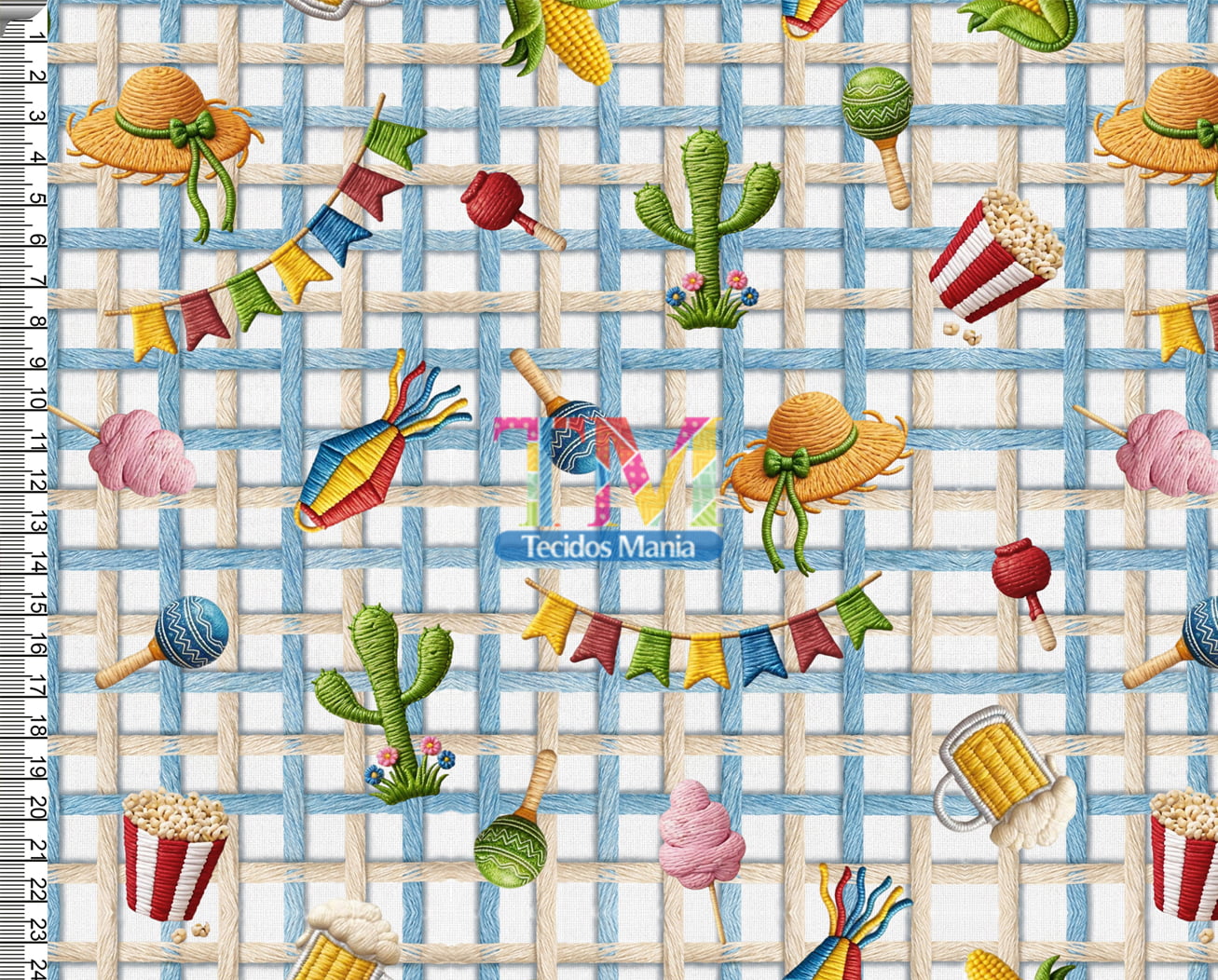 Tecido tricoline, microfibra ou gabardine estampado - Festa Junina - Algodão Doce - Azul Com Bege
