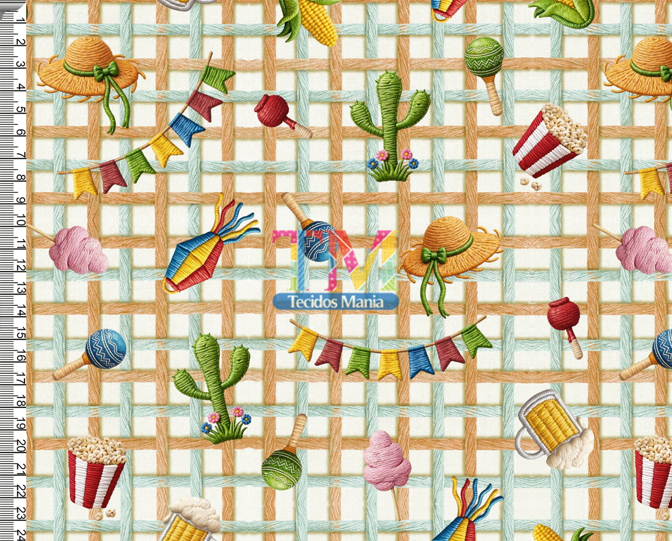 Tecido tricoline, microfibra ou gabardine estampado - Festa Junina - Algodão Doce - Laranja Com Verde