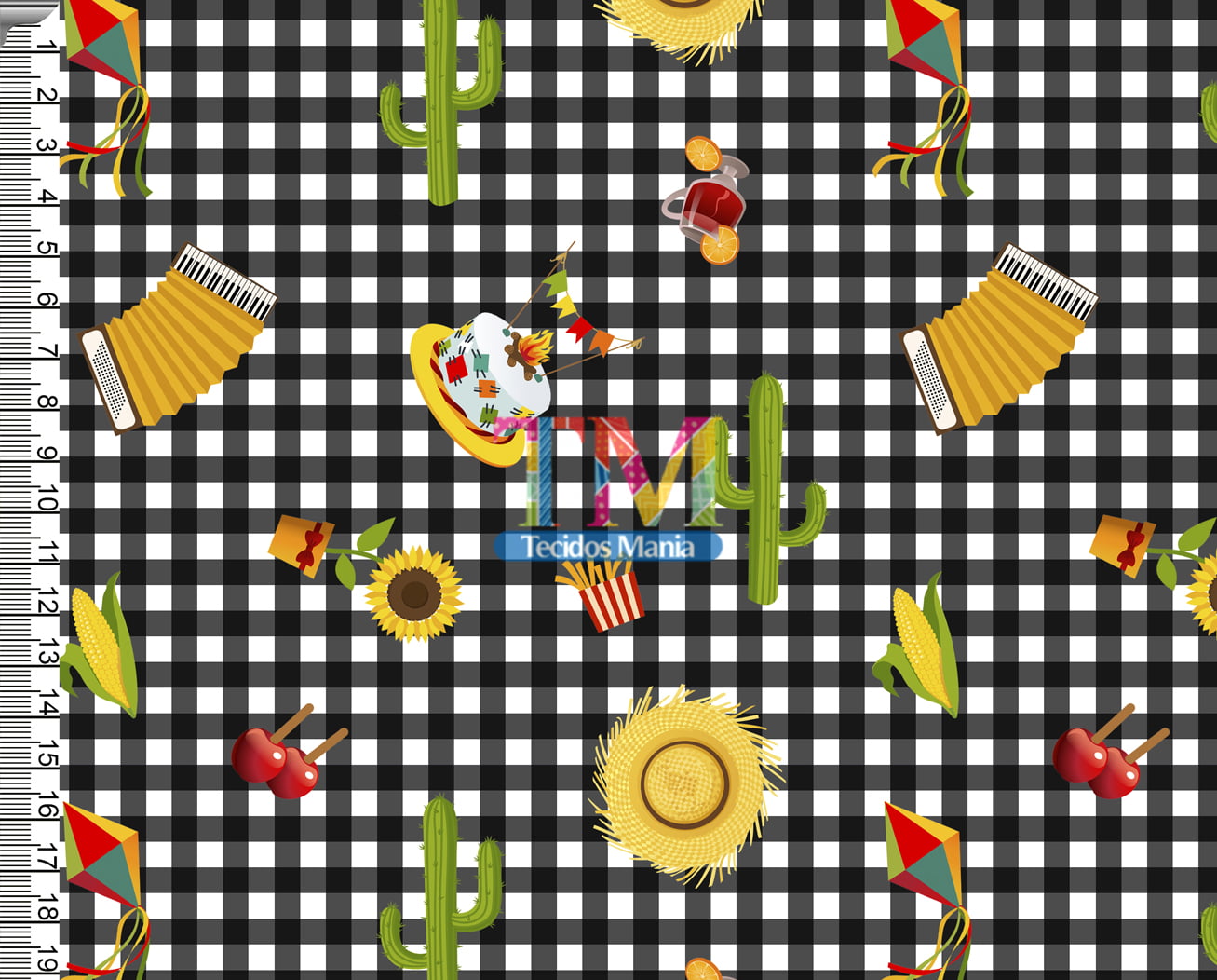 Tecido tricoline, microfibra ou gabardine estampado -  festa junina - fundo xadrez preto